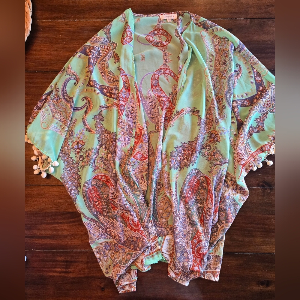 Umgee Mint Paisley Kimono with Pom Trim - Picture 2 of 3